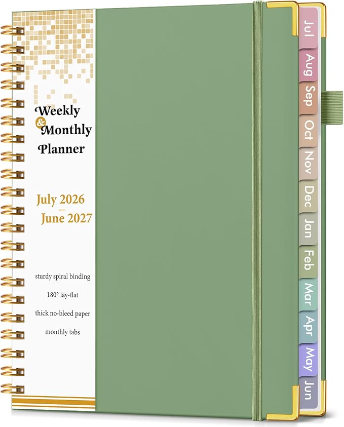Academic Planner 2026-2027, Hardcover Weekly and Monthly Calendar Planner from July 2026 - June 2027, Daily Agenda Planners with Tabs, College School Organizer for Student Teacher, A4 (8.5" x 11"), Green