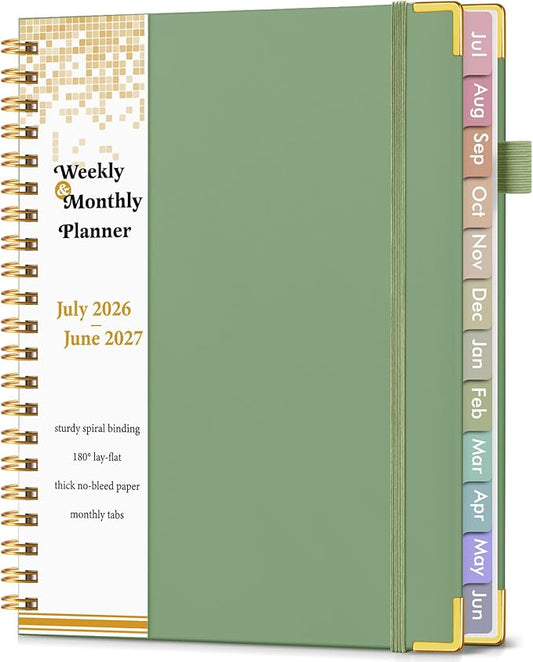 Academic Planner 2026-2027, Hardcover Weekly and Monthly Calendar Planner from July 2026 - June 2027, Daily Agenda Planners with Tabs, College School Organizer for Student Teacher, A4 (8.5" x 11"), Green