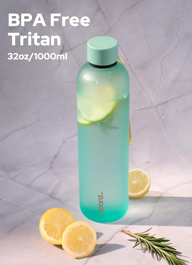 Opard Slim Water Bottle 32oz, Dishwasher Safe Plastic Water Bottle BPA-Free, Leakproof Screw Top,Aqua Green, Reusable for Travel School Sport Gym Hiking