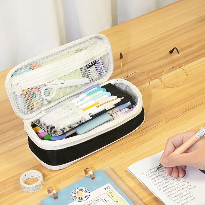 MAMUNU Expandable Pencil case with compartments, Large Capacity Pencil Cases Pencil Bag Pouch Office School, Portable Pencil Case Large School Stationery Organizer, Makeup Cosmetic Bag (Black)