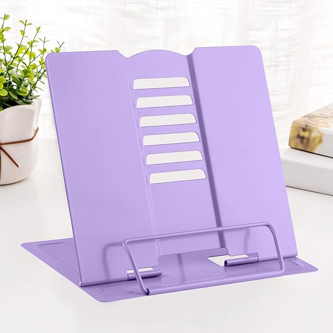 MSDADA 2PC Different Design Desk Book Stand Metal Reading Rest Book Holder Adjustable Cookbook Documents Holder Portable Sturdy Bookstand for Recipes Textbooks Tablet Music Books(Purple+Purple)