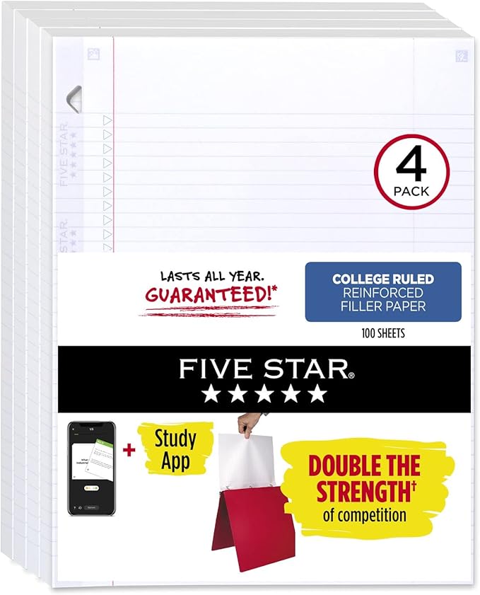 Five Star Loose Leaf Paper + Study App, 4 Pack, 3 Hole Punched, Reinforced Filler Paper, College Ruled Paper, 11" x 8-1/2", 100 Sheets/Pack (38032)