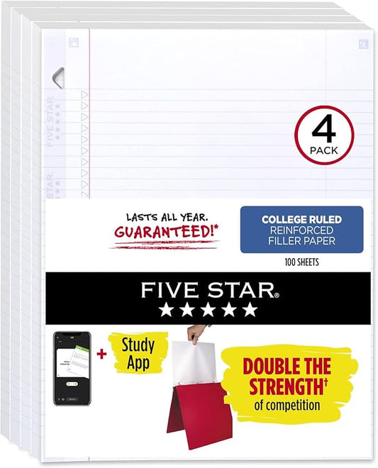 Five Star Loose Leaf Paper + Study App, 4 Pack, 3 Hole Punched, Reinforced Filler Paper, College Ruled Paper, 11" x 8-1/2", 100 Sheets/Pack (38032)
