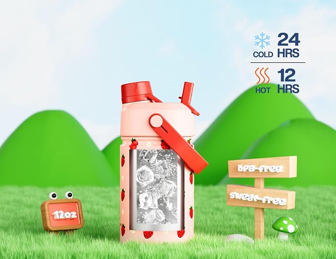 12 oz Kids Metal Water Bottle: 2-in-1 Straw Spout Lid, Spill-Proof, Easy Clean, Keep Cold 24H, Backpack Friendly, BPA-Free Stainless Steel Cup for School, Daycare, Playtime, Gift (Strawberry Daisy)