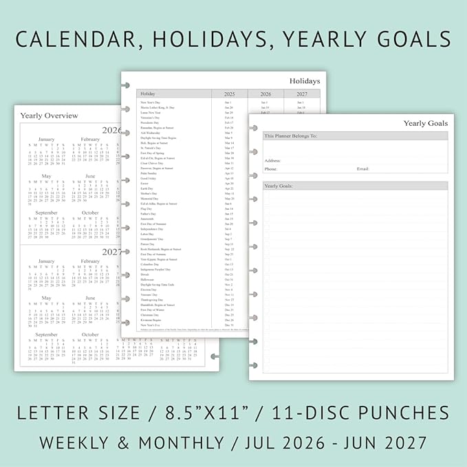 2026-2027 Weekly Planner Refills for 11-Discbound Notebooks, Jul 2026 to Jun 2027, Monthly Tabs, 11-Disc Punches, Letter Size, 8-1/2" x 11"