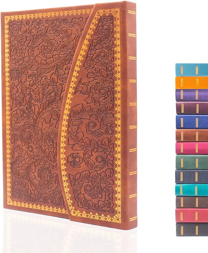 VICTORIA'S JOURNALS Magnet Journal, Carving Vintage Notebook Faux Leather Hard Cover Personal Diary Lined Pages Ribbon Bookmark, 8'' x 5.7''