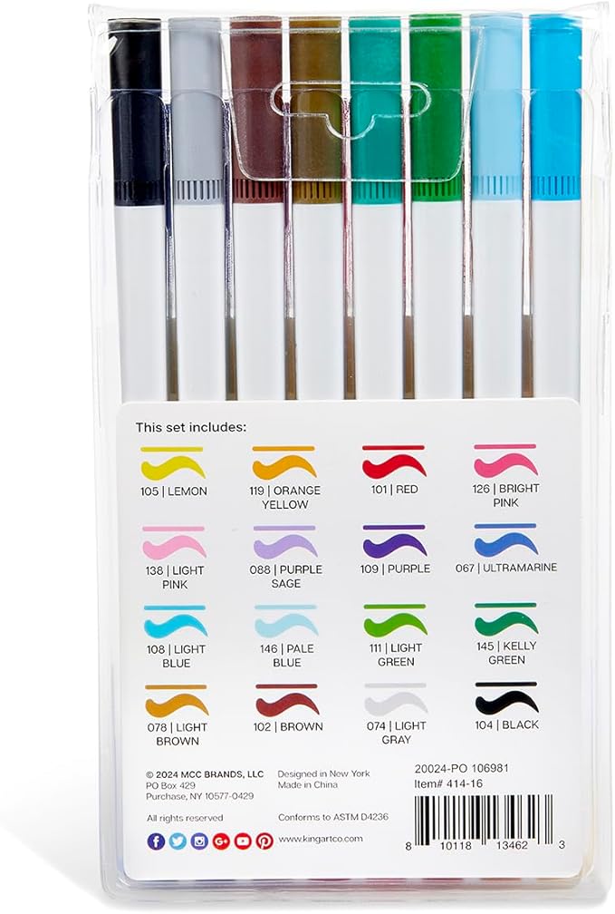 KINGART 16 Double Tip Brush Pens Art Markers, Artist Fine & Brush Pen Coloring Markers for Adult Book Cards Drawing Craft Kit Teacher Office Supplies
