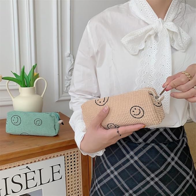 Pencil Pouch Cute Pencil Case Office Storage Bag Holder Box Organizer Aesthetic Bow Flower Pattern Makeup Pouch Cosmetic Bag for Women (KHAKI SMILE)