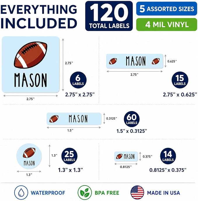 Andaz Press Custom Personalized Waterproof School Name Labels, Football, 120-Pack, Kids Labels Combo Pack, Customizable Multi-Use Name Stickers for Preschool, Daycare, Supplies, Office, Water Bottle