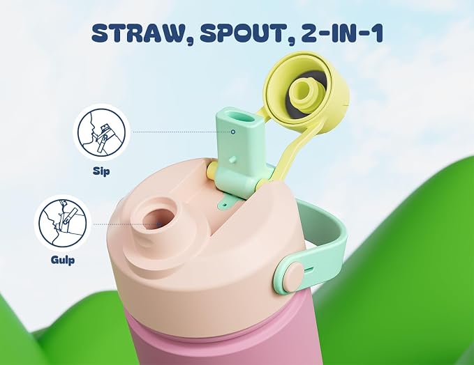 12 oz Kids Steel Water Bottle for School: 2-in-1 Straw Spout Lid, Leakproof, BPA-Free, Cold 24H, Car Cupholder Friendly, Cute Insulated Cup for Travel, Camping, Birthday Gift for Girls (Peachy Cream)