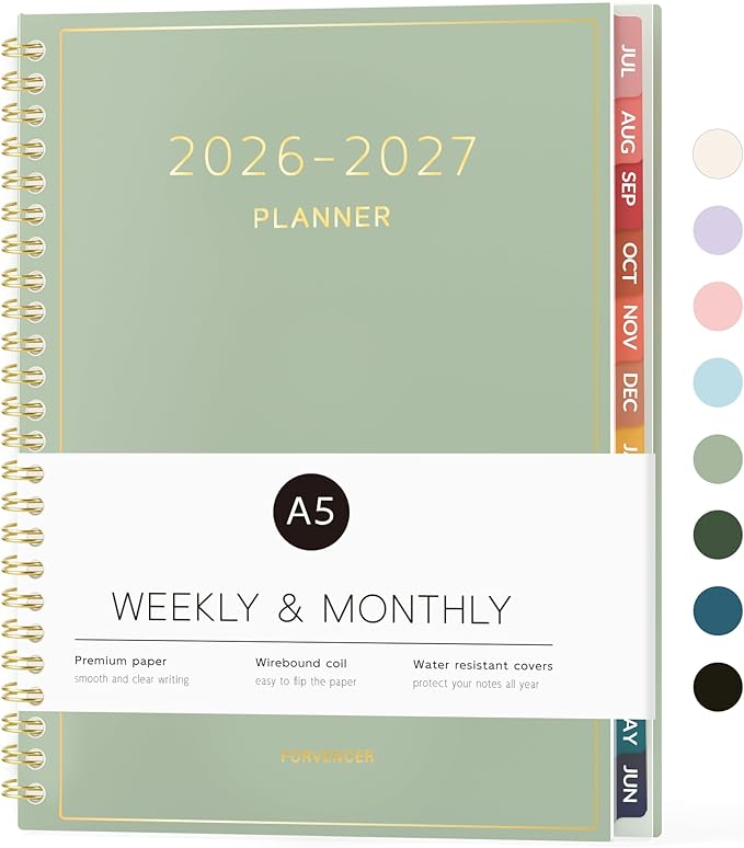 Forvencer Academic Planner 2026-2027, Weekly & Monthly Calendar Planner, July 2026-June 2027, 6" X 8", Daily Agenda Book, Flexible Cover Notebook, College School Teacher Student Organizer A5, Green