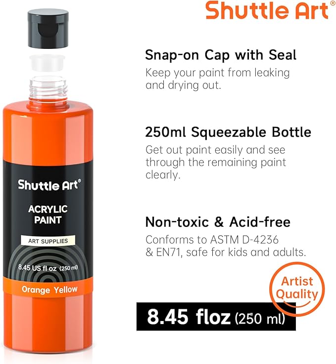 Shuttle Art 12 Colors Acrylic Paint, 250ml/8.45oz Bottles Acrylic Paint Set, Rich Pigments, Bulk Painting Supplies for Artists, Beginners and Kids Painting on Rocks Crafts Canvas Wood