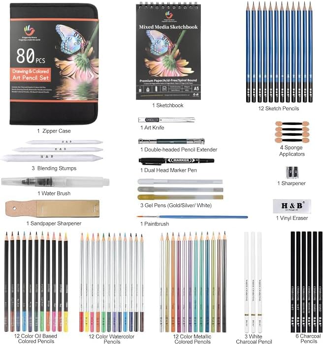 H & B 80 PCS Pro Drawing & Art Supplies Set, Sketching Kit with Watercolor, Metallic & Oil Based Colored Pencils, Charcoal Pencils & Gel Pens for Adult Artists Beginners, Includes Sketch Book & Case
