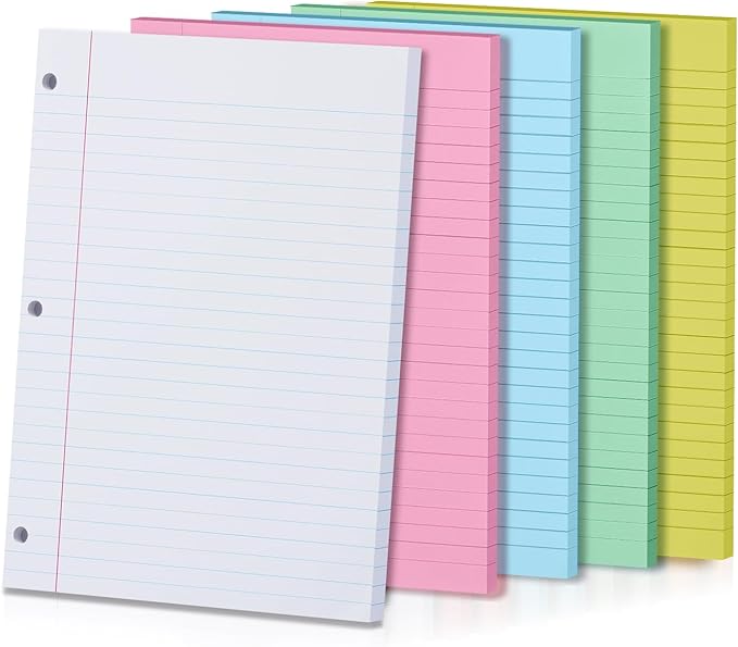 5-Color Loose Leaf Paper, 250 Sheets Wide Ruled, 8 x 10.5 Inch, 3-Hole Punched, Notebook Paper Filler for 3-Ring Binders, Note-Taking, Lined Paper Sheets for Office School Student & Professional
