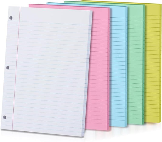 5-Color Loose Leaf Paper, 250 Sheets Wide Ruled, 8 x 10.5 Inch, 3-Hole Punched, Notebook Paper Filler for 3-Ring Binders, Note-Taking, Lined Paper Sheets for Office School Student & Professional