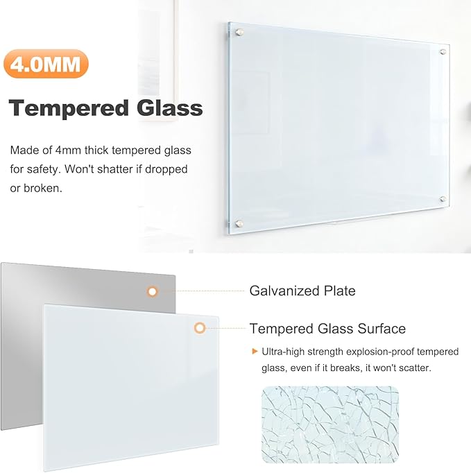 Dry Erase Board, 48'' x 36'' Magnetic Large Glass Whiteboard Frameless Wall Mounted Glass White Board for Office, School & Home with 1 Acrylic Marker Tray & 3 Strong Magnet