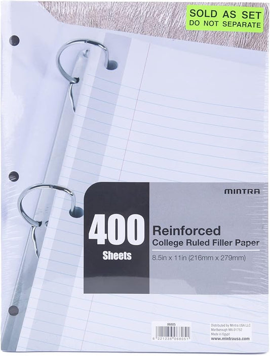 Mintra Reinforced Filler Paper (400 Sheets (4pk of 100), College Ruled)