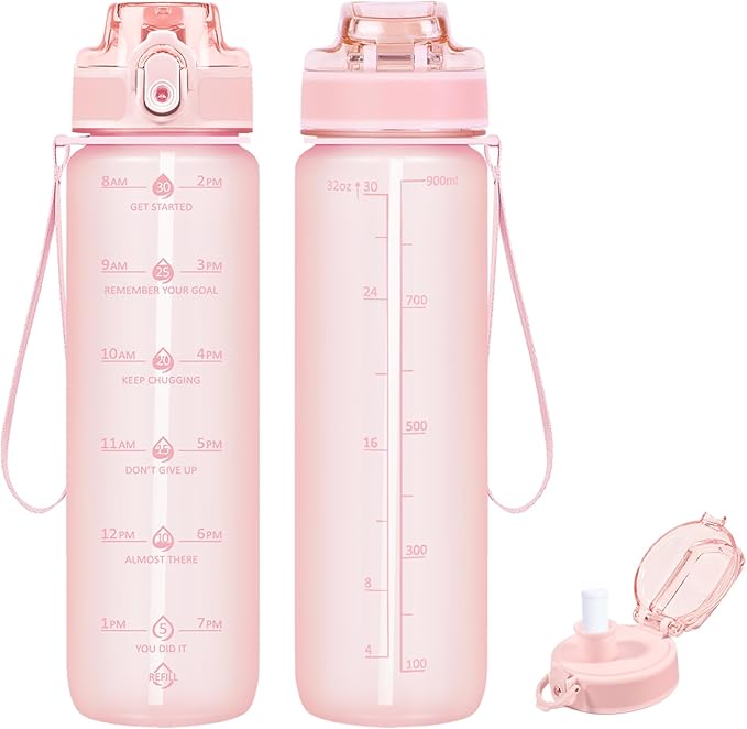 32oz Water Bottle with Time Marker, Motivational Drinking Bottle with Strap, BPA-Free Leak-Proof, Encouraging Water Bottle Time to Drink Water for Gym School Office Travel
