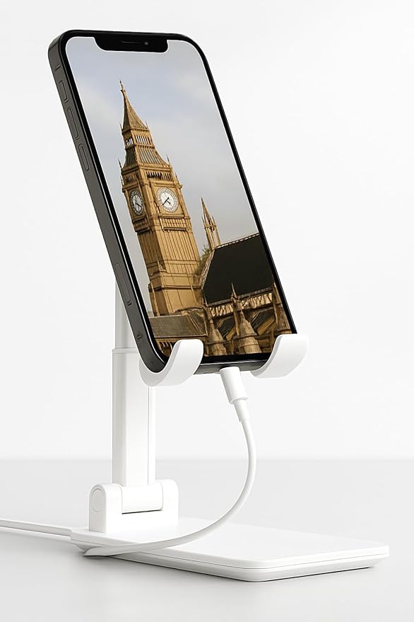 Cell Phone Stand for Desk, Adjustable iPhone Holder, Extendable Desktop Phone Stand, Portable Device Stand (White)