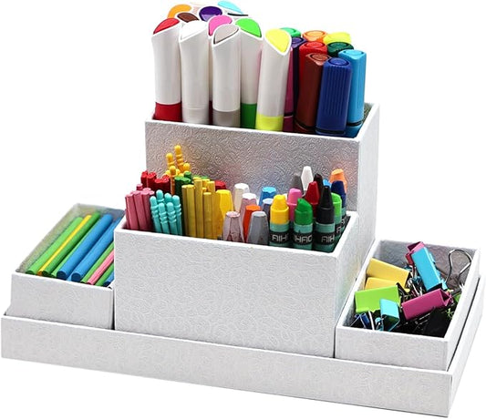 Desk Organizer,Office Desk Accessories,Paperboard Desktop Organizer with Pen Pencil Holder and Sticky Note Tray,Paperclip Storage, White
