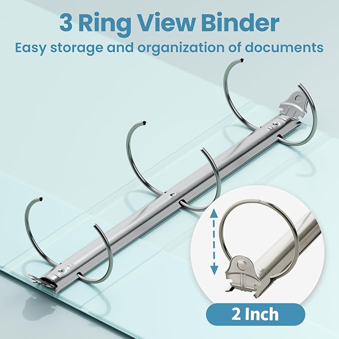 SUNEE 3 Ring Binder 2 Inch 2 Pack, Clear View Binder Three Ring PVC-Free (Fit 8.5x11 Inches) for School or Office Supplies, Blue