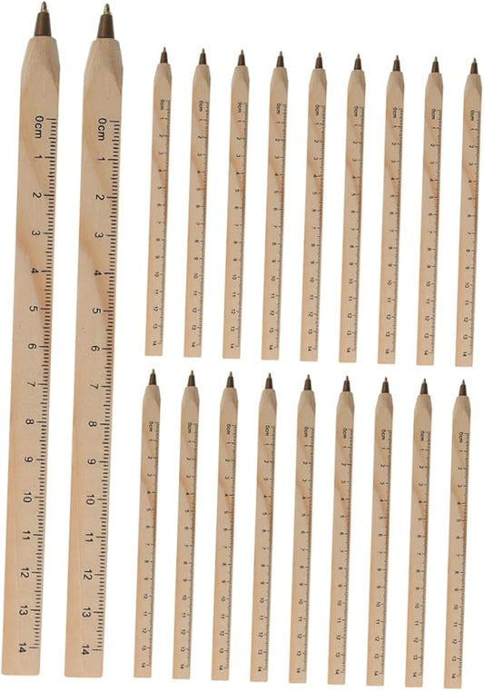 OUNONA 20pcs Set Biodegradable Solid Wood Ballpoint Pens with Black Ink and Printed Ruler for Construction and Woodworking Signature Use