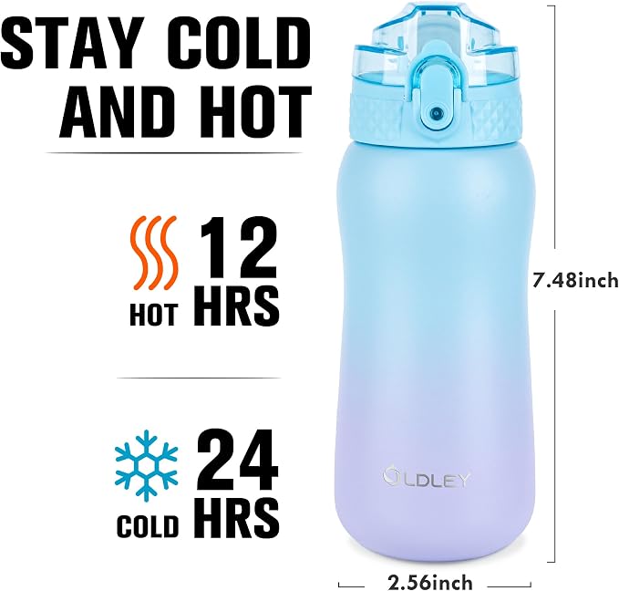Oldley Insulated Water Bottle 12oz Kids Water Bottles with Straw, Stainless Steel Water Bottle with 2 Lids,Double Wall Vacuum Bottle, Leak-Proof Sport Bottles for School Travel, Ombre Blue-purple