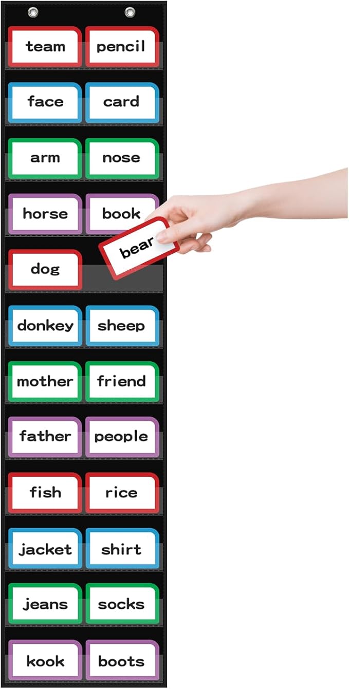 ANCOMEDO 10”W x 48.25”H Classroom Words Pocket Chart with 12 Clear Pockets, Black Standard Pocket Chart for Classroom and Home for Sentence Strips, Reusable Words Hanging Pocket Chart (Black)