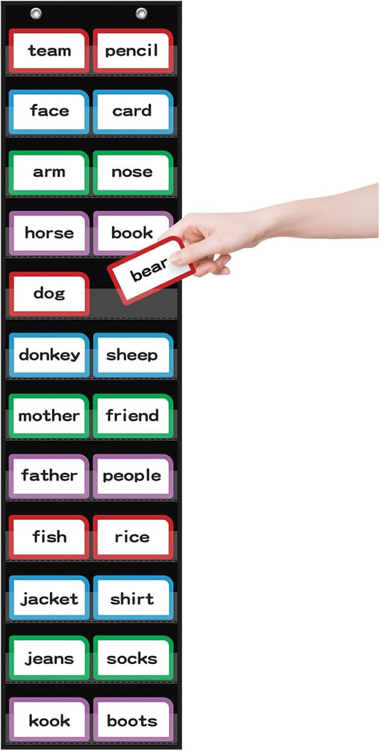 ANCOMEDO 10”W x 48.25”H Classroom Words Pocket Chart with 12 Clear Pockets, Black Standard Pocket Chart for Classroom and Home for Sentence Strips, Reusable Words Hanging Pocket Chart (Black)