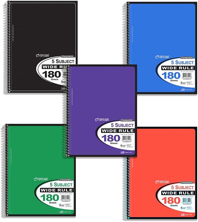 Top Flight Standards 5-Subject Wirebound Notebook, 180 Sheets, 3-Hole Punched, Wide Rule, 10.5 x 8 Inches, 1 Notebook, Color May Vary (31414)