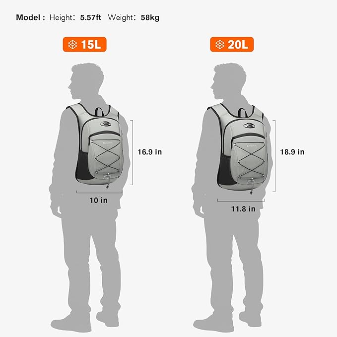 Ultra-Light Soft Daypack 15L/20L, Cushioned Breathable Back Panel Backpack, Lightweight Packable Travel Backpack (Gray, 15L)