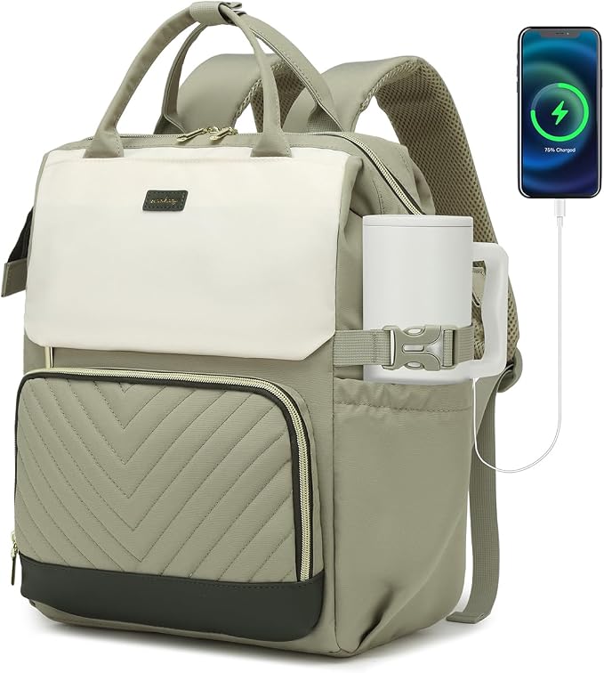 17.3in Computer Backpack for Women, Work Bag Laptop Bookbag with Cup Holder & USB Charger for Teacher Nurse College Travel Back Pack, Gifts, Beige Green