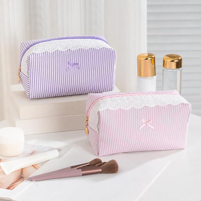 Makeup Bag Travel Toiletry Bag for Women, Small Cosmetic Bags with Lace Trim Cute Pink Stripe Aesthetic Organizer Makeup Pouch for Purse Emergency Bag Pencil Case Accessory Bag