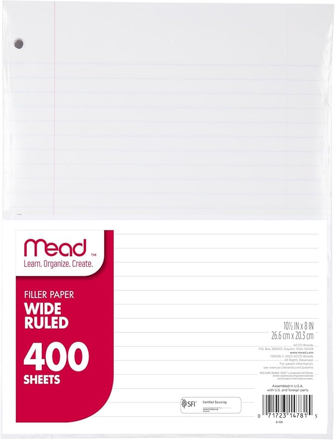Mead Loose Leaf Paper, Wide Ruled Filler Notebook Paper, 8" x 10-1/2", 400 Sheets, Fits 3-Ring Binder (150036-ECM)