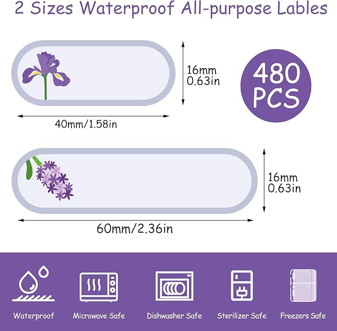 480Pcs Baby Bottle Labels for Daycare, Waterproof Name Labels for Kids Daycare Essentials Self-Laminating for Nursery and Preschool (Flowers)