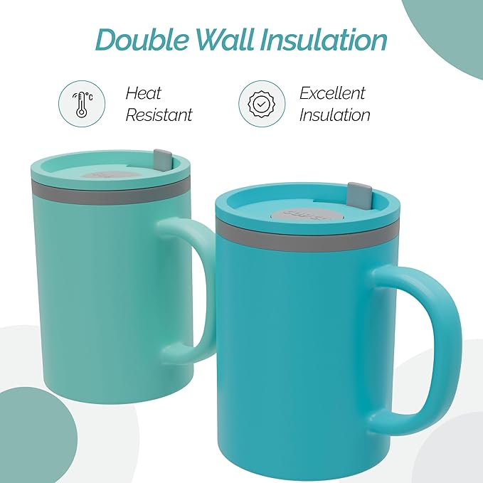 Copco Iconic 16oz Double Wall Insulated Desk Mug with Lid and Handle, Set of 2, BPA-Free Reusable Plastic, Spill-Resistant, Microwave & Dishwasher Safe, Wide Mouth (Aqua/Mint)