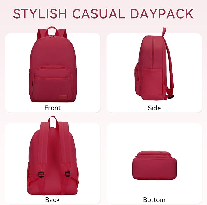 VASCHY School Backpacks, Lightweight Bookbag Schoolbag for Girls Casual Basic Simple Daypack for Women Red