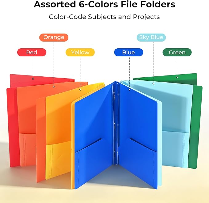 SUIN Plastic Project-Folder with 2 Pockets and 3-Prong Fasteners, for US Letter Size, Bulk Pack Color File-Folder for US Letter Size Papers, Ideal for School & Office, (Assorted Bright Colors)