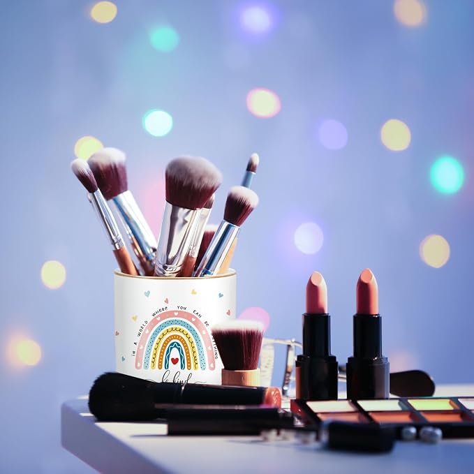 Pen Holder, Ceramic Durable Pencil Cup for Desk， Simple&Modern Style Makeup Organizer, Cute Multifunctional Office Supplies for Home, Kids and School, Rainbow Pattern