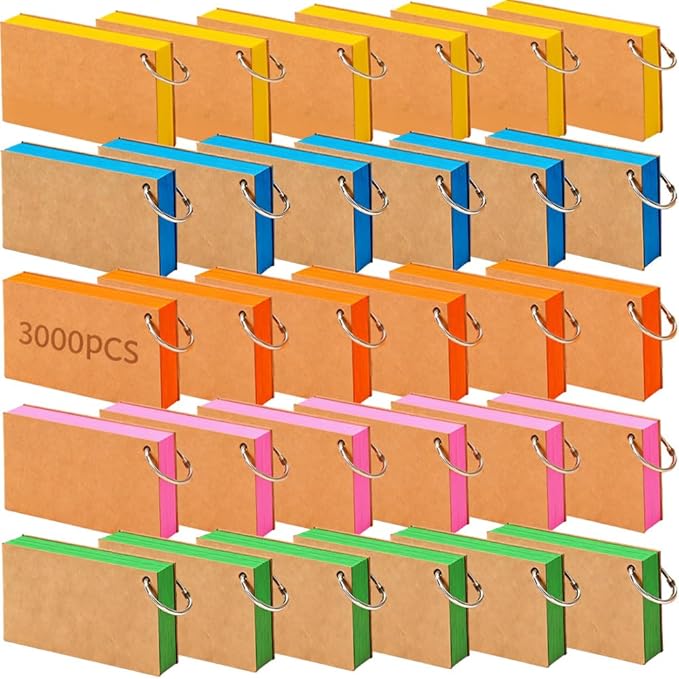3000 Pcs Index Cards Bulk with Rings, 3x5 Inch Flash Cards with Holder for Studying, Colorful Notecards Lined for Office, Home, School Supplies College, Ruled Index Cards, Double Sided (5 Colors)