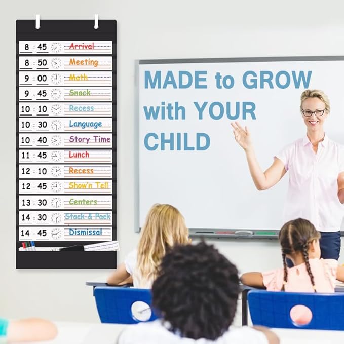 TOGETRUE Classroom Schedule Pocket Chart, Double Sided Daily Schedule with 18 Erasable Cards, 13+1 Pockets, Visual Pocket Chart for Classroom, Home, Office, 35.5" X 13"