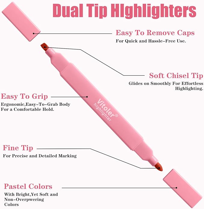 Vitoler Highlighters,Pastel Colors Bible Highlighters 8pcs,Chisel & Fine Tips Cute Highlighter for School Office Supplies