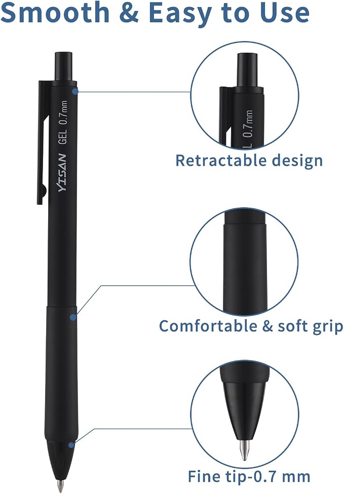 YISAN Black Gel Pens 12 Pack,Black Ink Pens Fine Tip 0.7 mm,Journal Pens Fast Dry,Retractable,Smooth Writing for Journaling and Note Taking,71099
