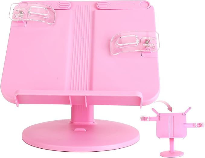 Kids Book Stand, Adjustable Reading Holder, Thick Base, Foldable Reading Stand with Elastic Page Clips, for 8.5"×11" or Smaller, Gift for Children, Pink
