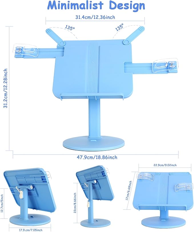 Kids Book Stand, Adjustable Reading Holder with Thick Base, Foldable Reading Stand with Page Clips, for 8.5"×11" or Smaller, Gift for Children's Day, Blue