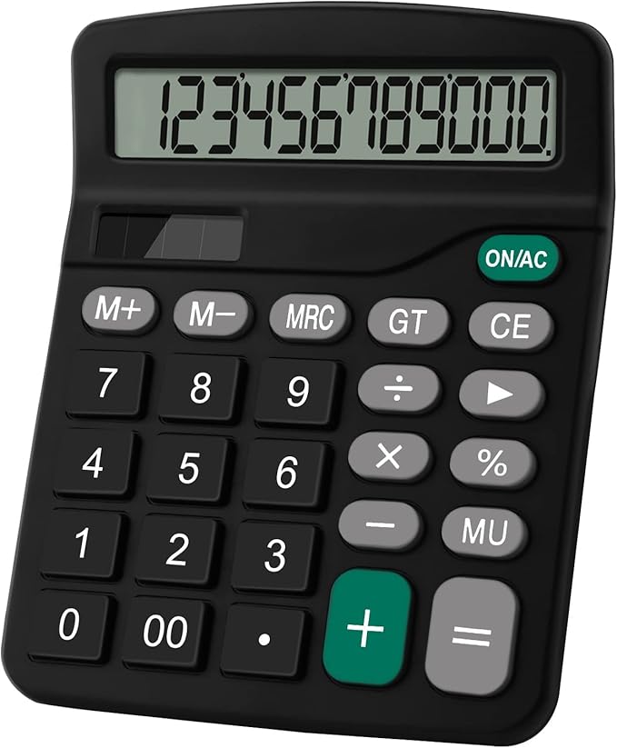 Desktop Calculator, 12-Digit Solar Calculator with Extra Large LCD Display, Big Comfortable Buttons, Solar Powered, Standard Office Desk Calculator for Home, School & Business
