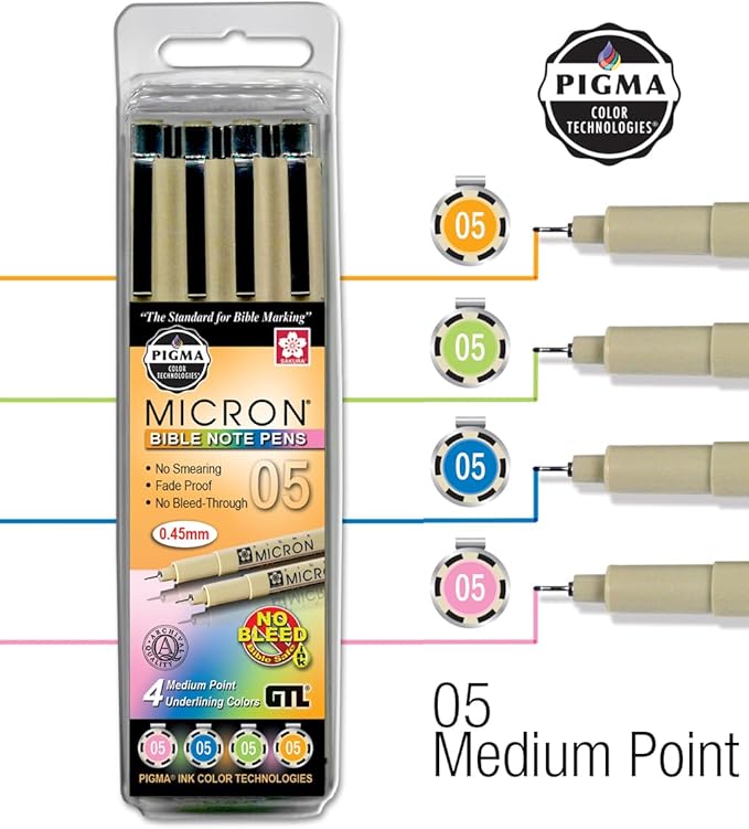 G.T. Luscombe Company, Inc. Pigma Micron 05 Medium Point Bible Note Pen Kit | No Bleed Pigmented Ink | Bible Safe | No Smearing or Fading Artist Pens | Pink, Blue, Green, Orange (Set of 4)
