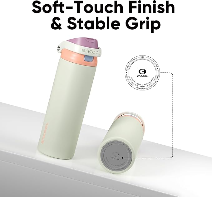 ENCOOL Leakproof Insulated Water Bottle with Straw Dual-Sip Water Bottle Bag-Safe Design for Work, Commute & Gym – Keeps Drinks Cold All Day, 18 oz, Sand Beige