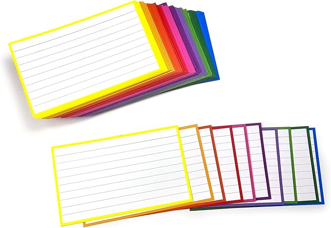 PPAPPAPPIYO 100 Pack 3x5 Ruled Index Cards, Extra Thick 260gsm White Cardstock, Colorful Borders with Ruled Front and Blank Back, Heavyweight Flash Cards for Study, Recipes, and Organization