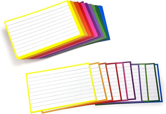 PPAPPAPPIYO 100 Pack 3x5 Ruled Index Cards, Extra Thick 260gsm White Cardstock, Colorful Borders with Ruled Front and Blank Back, Heavyweight Flash Cards for Study, Recipes, and Organization